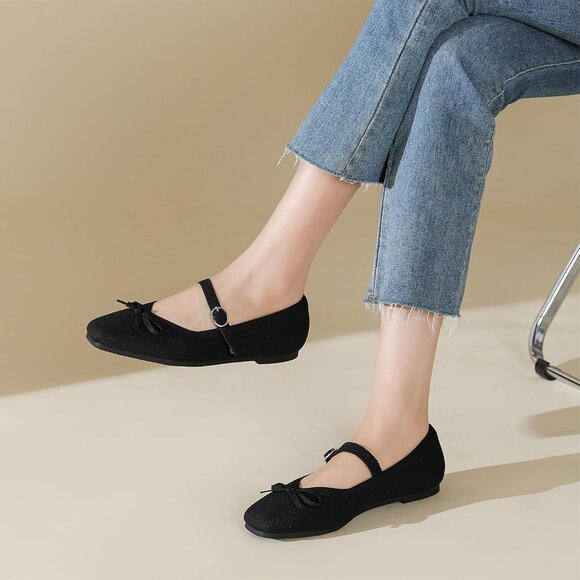 Women Black Fabric Upper And Rubber Sole Casual Ballet Flats With Ankle Strap - Picture 6 of 6